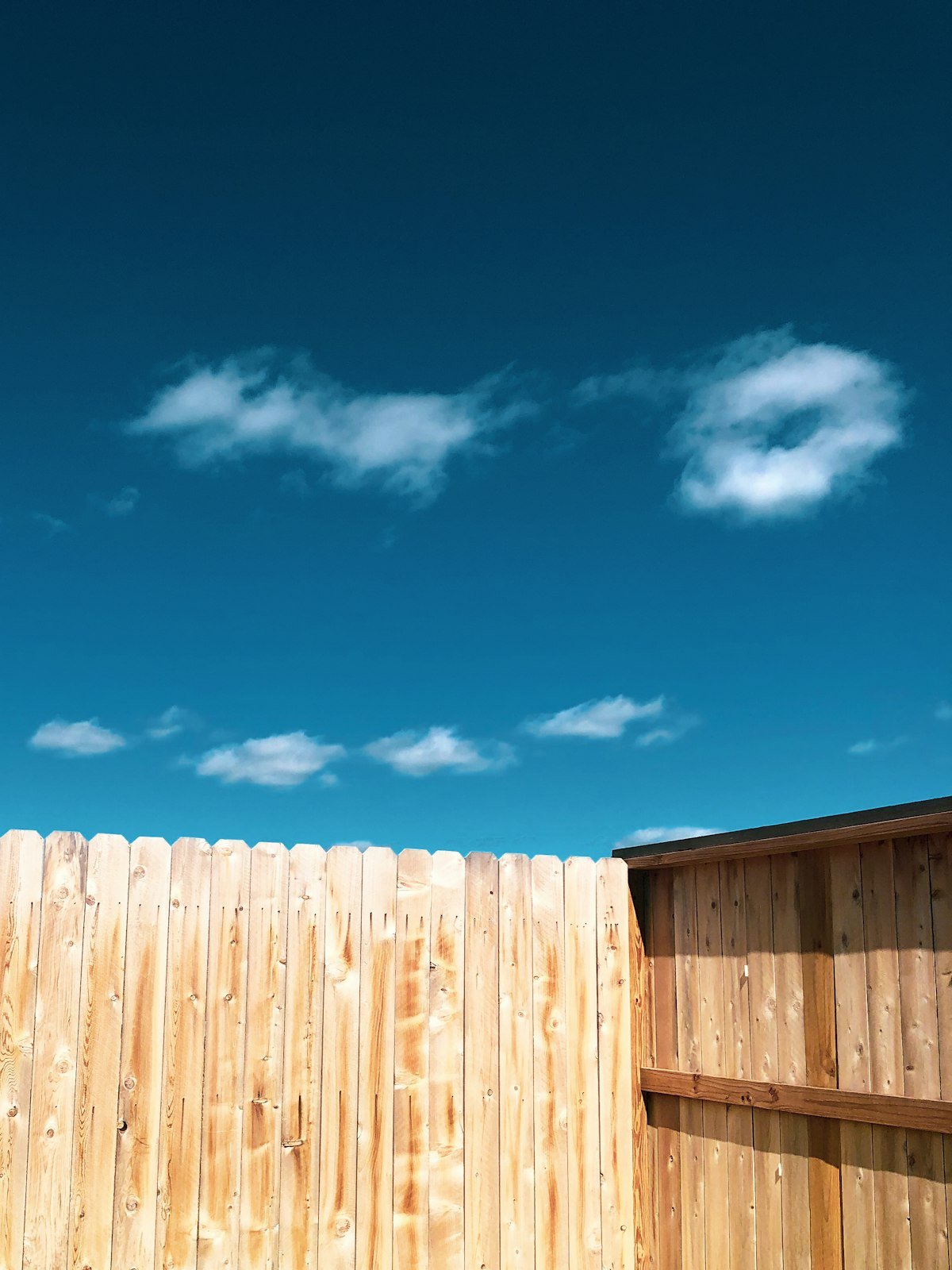 Tall wood privacy fence with vertical dog-ear pickets against a blue sky